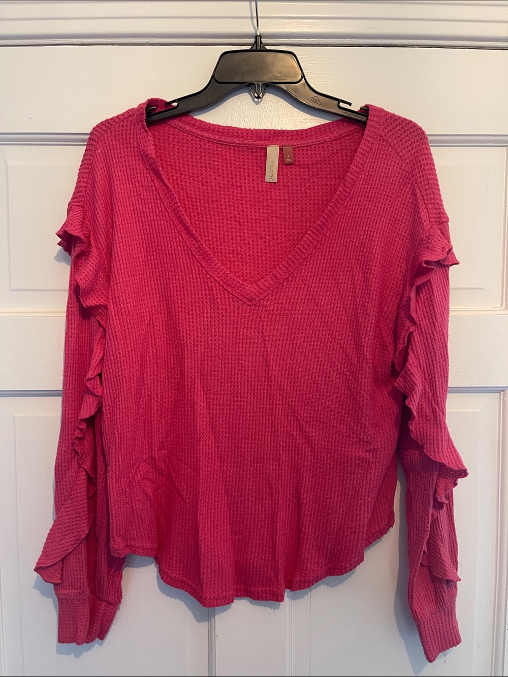 Pilcro Pink V-Neck Waffle Knit Ruffle Sleeve Top